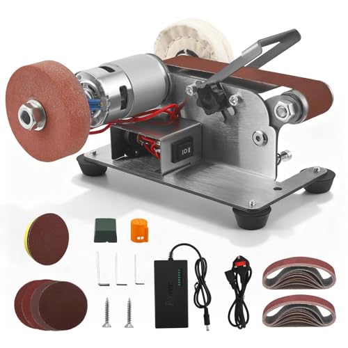 Mini Lijadora de Banda, Lijadora de Banda de Banco Eléctrica, Pulidora 7 Velocidad Ajustable con 20 Bandas de Lijado, 20 Hojas de Lija, Afiladora de Cuchillos con Muela Abrasiva y Disco de Pulido