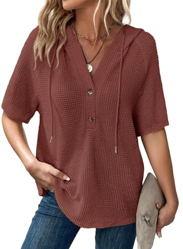 Image of Dokotoo Womens Summer Tops Waffle Knit Short Sleeve Lightweight Drawstring Hoodies Button V Neck Casual Blouses Shirts