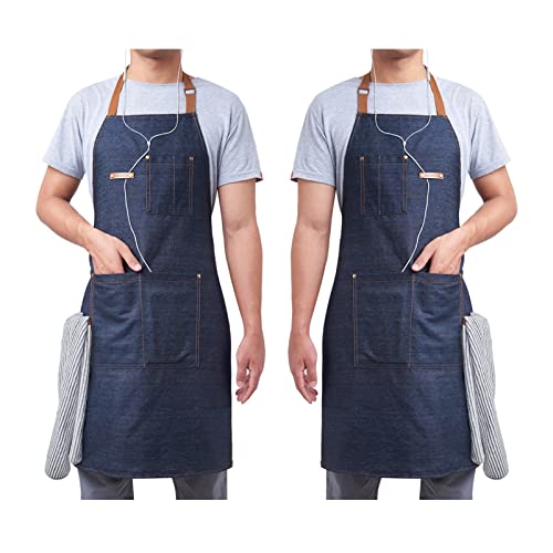 2 Packs Blue Adjustable Denim Apron for Chef BBQ Kitchen Cooking Aprons Man