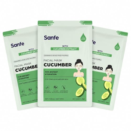 Image of Sanfe Instant Hydration Cucumber Facial Mask | For toned & nourished skin | 100% fruit extracts, Korean Mask | 25gm | Pack of 3