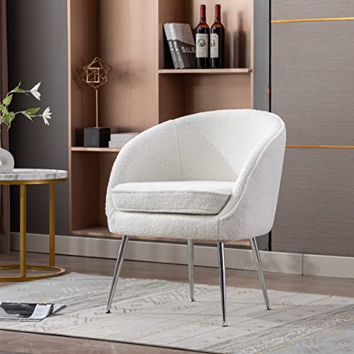 Peihonget Teddy Barrel Chair, Modern Accent Armchair With Silver Metal Legs Fuzzy Club Chair Fabric Upholstered Reading Chair Cozy Arm Chair For Living Room, Nursery,Lounge, Bedroom (White) #TOP5
