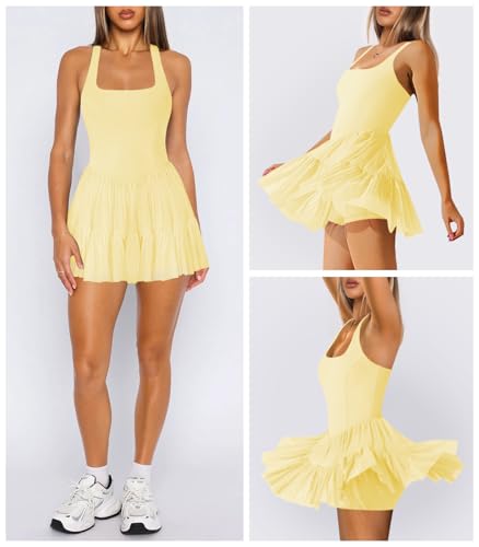 Women's Tennis Flowy Pleated Ruffle Athletic Dress for Women Halter Neck Sleeveless Summer Mini Golf Dress with Shorts Pocket3