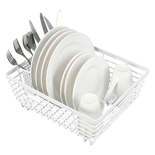 TQVAI Kitchen Dish Drying Rack Metal Dish Drainer with Full-Mesh Silverware Utensils Basket Holder, White