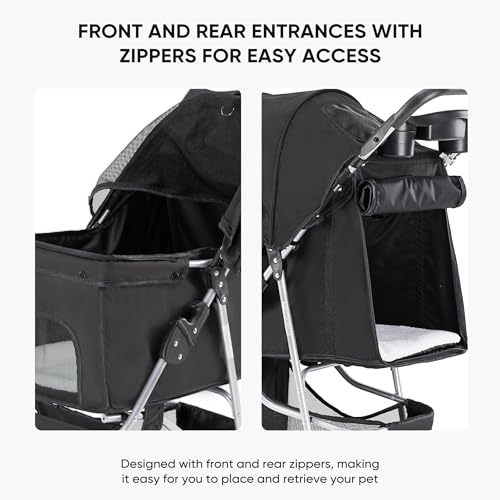 NEWBULIG Pet Stroller for Dogs, Cats Stroller with 3 Wheel, Foldable, Lightweight and Durable, Ideal for Small to Medium Pets, Includes Storage Basket and Cup Holders, Black by NEWBULIG - Image 5