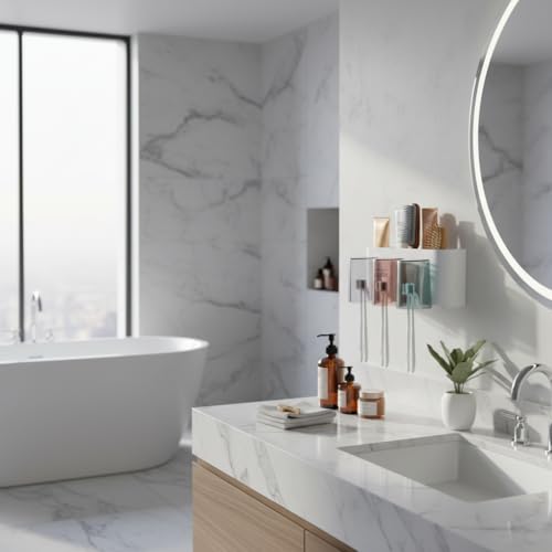 Image of Srxes Wall Mounted Toothbrush Holder, Bathroom Toothbrush Organizer with Mouthwash Cups, Brush Holder for Bathroom Wall Mounted, Tooth Brush Holder Bathroom, Toothbrush Holders for Bathroom Wall