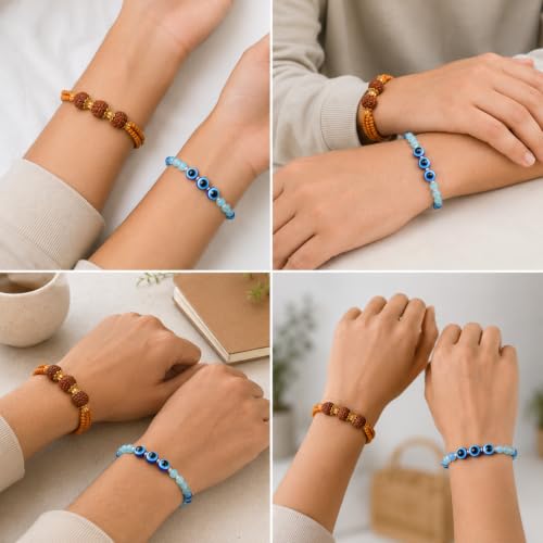 Image of Phool Rudraksha & Evil Eye Protection Rakhi Set of 2 for Brother | Rudraksha & Nazar Combo | Designer Rakhi for Bhai | Raksha Bandhan Set