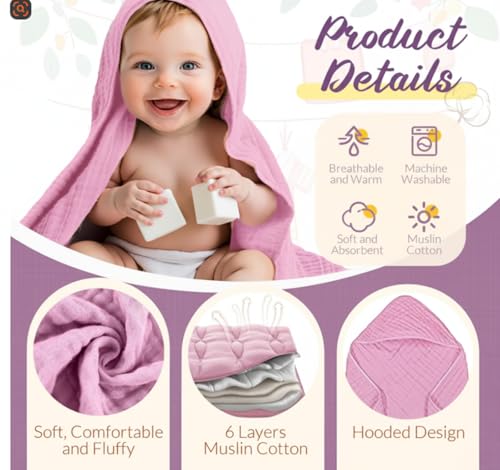 Image of VitalCozy 8 Pcs Baby Muslin Hooded Bath Towels and Washcloths, Muslin Hooded Baby Towels Absorbent Blankets for Gift Newborn Infant Shower (Pink,Purple)