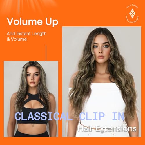 Image of Full Shine Clip in Extensions Real Human Hair Dark Brown Ombre, 20 Inch | Invisible Clip in Hair Extensions Human Hair, Dark Brown Balayage Blonde, Remy Hair Extensions, 7 Pcs 120g