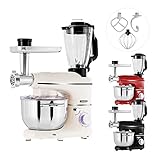 Arebos 6-in-1 Küchenmaschine 1500W Creme | Fleischwolf | Blender | Nudelmaschine | Knetmaschine mit Edelstahl-Schüssel 5,5 L | Küchenmixer mit Rührhaken, Knethaken, Schneebesen, Spritzschutz