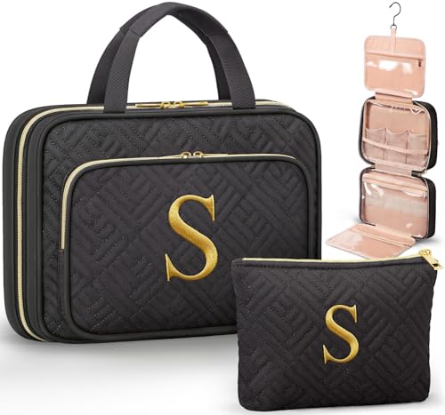 Image of Personalized Gifts for Women, Initial Toiletry Bag Hanging Travel Organizer & Makeup Cosmetic Bag with Embroidery Letter Teacher Appreciation Gift Birthday Mothers Day Gifts for Mom Wife Friend Sister