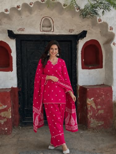 Image of ANNI DESIGNER Farshi Salwar Suit for Women | Cotton Blend Printed Straight Kurta with Dupatta | Farsi Farasi Parsi Ethnic Indian Office Party Wedding Clothing Fashion Premium Traditional Look 3 Piece