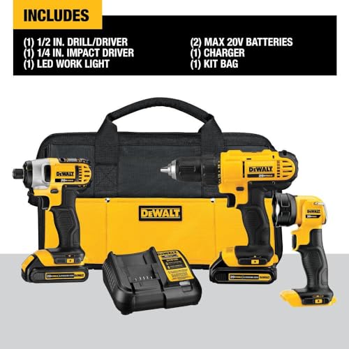 DEWALT 20V MAX Cordless Drill Impact Driver and LED Work Light Portable, Power Tool Combo Kit 3 Tool, 2 Batteries and Charger Included (DCK340C2) - Image 2