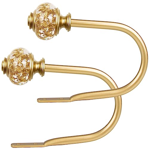 Image of 2 Pack Gold Curtain Holdbacks, USFOOK Decorative Drapery Tiebacks (2 Pack/1 Pair), Curtain Tie Back Hooks for Wall with Translucent Finials (6.1" L x 4.1" W)