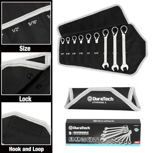 Image of DURATECH Reversible Ratcheting Combination Wrench Set, SAE, 9-Piece | Open end Spanner, 1 /2 inch, 9 /16 inch,5 /8 inch, 11 /16 inch, 3 /4 inch, 7 /16 inch, 3 /8 inch, 5 /16 inch, 1 /4 inch, 12 Point, CR-V Steel, with Rolling Pouch