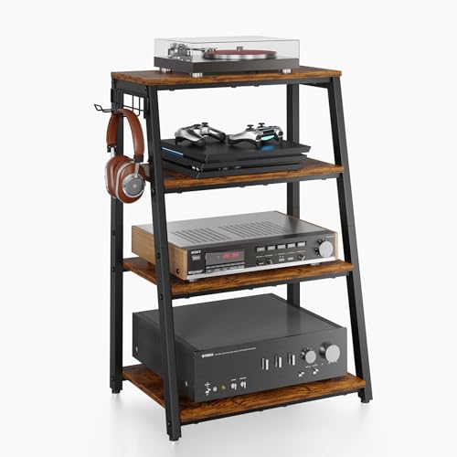 4-Tier AV Media Stand with 2 Hooks, Heavy Duty Stereo Cabinet Furniture - Stereo Rack and Game Console Stand, Wooden Record Player Stand, Audio Stand Perfect for DVD Players/Game Console/TV Box/Xbox