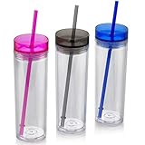Skinny Acrylic Tumbler with Lid and Straw, Assorted Colors – 16 oz Double Wall Insulated Reusable Tumbler Set for Hot and Cold Drinks (3 PACK)