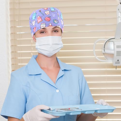 Image of Unittype 4 Pcs Nurse Caps for Women Nursing Working Caps with Button and Sweatband Adjustable Elastic Scrub Hats for Dentist