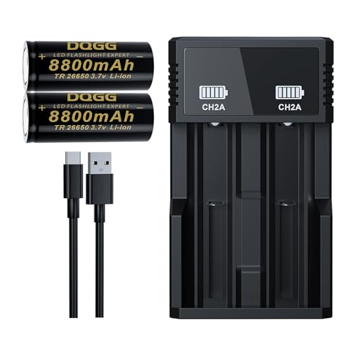 ABCTOY 26650 Rechargeable Battery 3.7Volt Large Capacity 8800mAh Flat Top for Flashlight Headlamp (26650 Battery+Charger,2 Pack)