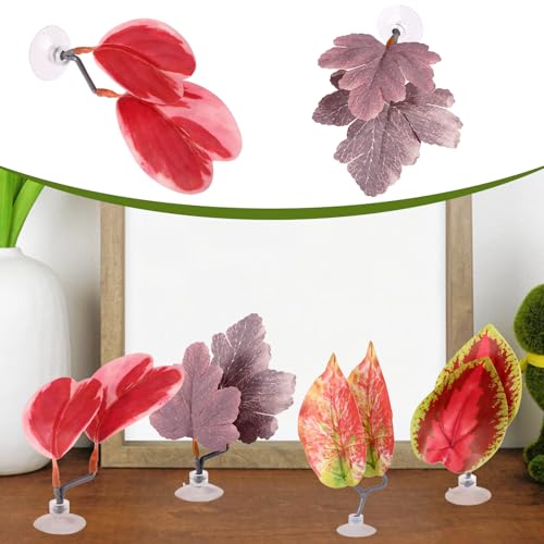 Image of 4pcs Betta Leaf Hammock, 4 Styles Adjustable Plastic Betta Bed Resting Spot Small Fish Tank Decor Decoration Accessories with Suction Cup & Bracket for Aquarium Four-Eyed Silk Fish Guppy to Rest (Red)