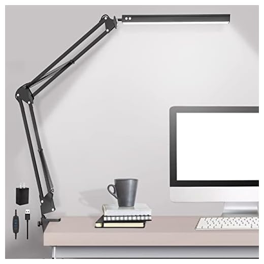 LED Desk Lamp with Clamp, Swing Arm Desk lamp, Adjustable Desk Light Eye-Care Table Light, 3 Color Modes, 10-Level Dimmer, Eye-Caring Desk Lamps for Home Office, Study, Reading, Dorms, Studios