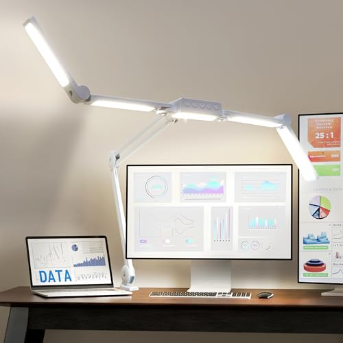 Neatfi Lámpara de Escritorio LED de 3.000 lúmenes, Lámpara de Escritorio Regulable con 360 LEDs SMD, CRI 95, Temperatura de Color Ajustable para Hogar y Oficina (CCT con Abrazadera, Blanco, 112 CM)