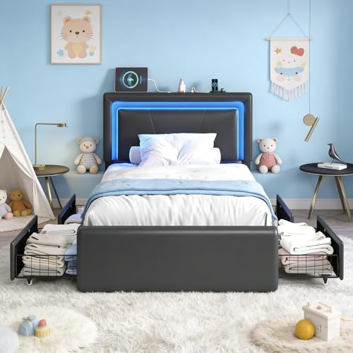 Image of Twin Size Bed Frame with 4 Storage Drawers, Upholstered Headboard, Black