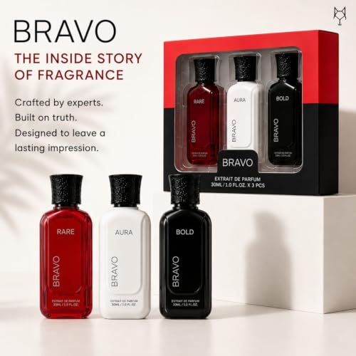 Image of Bravo Premium Extrait De Parfum Luxury Combo Set (3 x 30ml) - Bold (Cognac & Toffee), Aura (Fresh Aquatic Citrus), Rare (Caramel & Vetiver) | Long Lasting Intense Fragrance Gift Pack for Men & Women