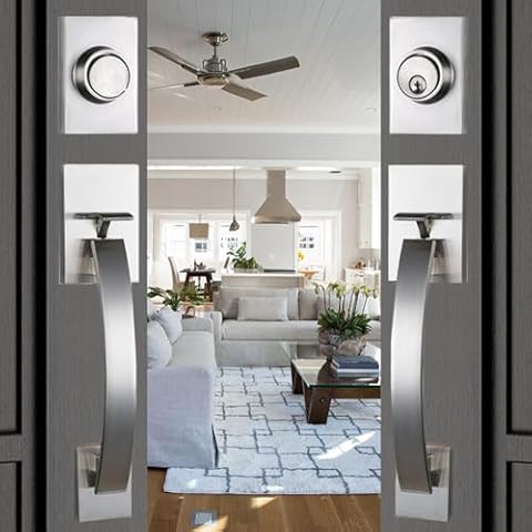 NEWBANG Silver Double Doors Handle Lock Set for Front & Entry Door - Satin Nickel Finish,MDHST2017SN-SET-BR Cover