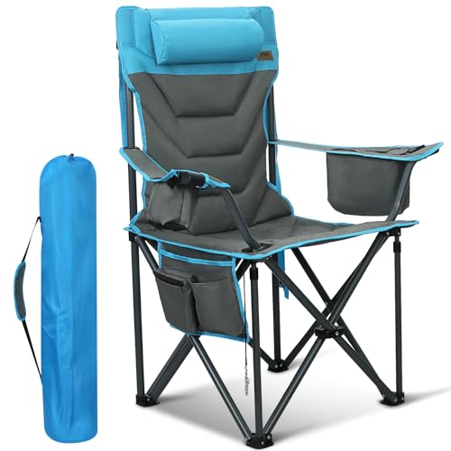 Oversized High-Back Camping Chairs with Pillow, Dual Cup Holders & Cooler Bag - Heavy Duty Foldable Outdoor Chair for Adults, Picnic, Fishing, Backyard, Sports?Bluegrey?
