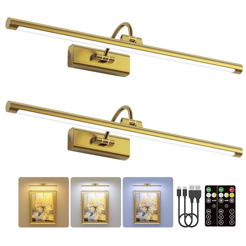 2 Pack 24" Brass Gallery Picture Lights - 8000mAh Rechargeable Battery Powered Wireless Lighting for Large Gallery, Museum & Living Room