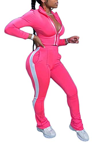 2 Piece Colorblock Striped Tracksuit - Lapel Zip up Sweatshirt Jacket and Long Pants Bodycon Jogging Suit Set Rose Red 1X
