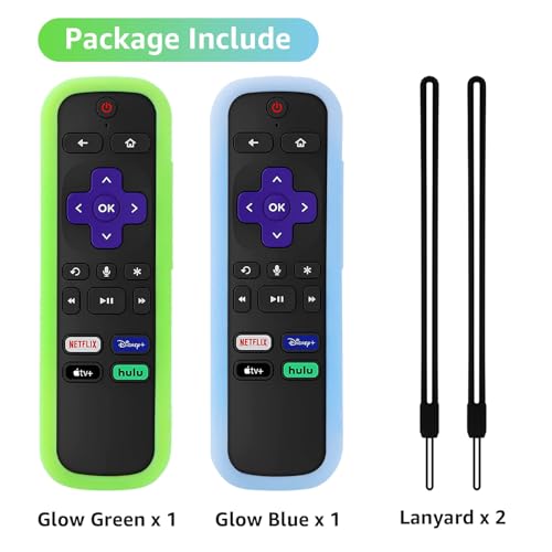 Image of 2 Pack Remote Cover for Roku, Battery Cover for TCL Roku Smart TV Steaming Stick Remote, Silicone Protective Case Universal Sleeve Skin Glow in The Dark Green Blue with Lanyards