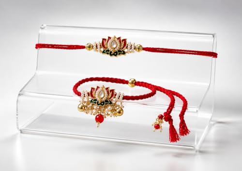 Image of Premium Lotus Couple Rakhi Set for Brother & Bhabhi, Pack of 2 | Handmade Designer, Pearl & Bead Work, Traditional Raksha Bandhan Gift, Red Thread