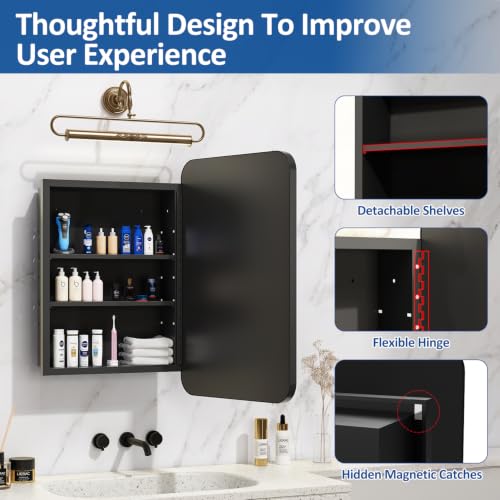 Image of ACEMIRO 16x24 Inch Black Mirror Medicine Cabinet Metal Framed Recessed Wall Mounted Bathroom Medicine Cabinet with Mirror and Storage