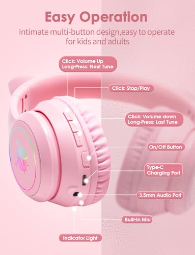 Image of Cat Ear Bluetooth Headphones with Micphone for Kids & Adults, LED Light Up Wireless HI-FI Sound Quality, Over-Ear Headphones with Volume Control for iPhone /iPad /Laptop /PC(55H Play Time)
