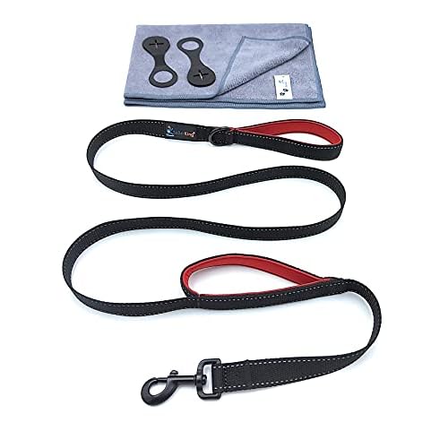 SellerKing® Hundeleine 1.8m reflektierend mit integriertem Kurzführer. Set mit 2 Kotbeutelhaltern und 1 Hundehandtuch. Leine strapazierfähig, langlebiges Nylon Gewebe für mittlere – große Hunde