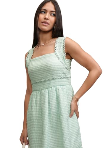 Image of Tokyo Talkies Women's Sleeveless Square Neck Self Design Dresses | Stylish Dresses | Casual Dresses