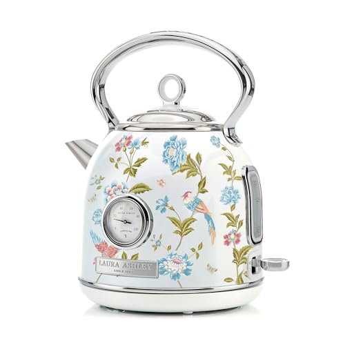 Laura Ashley Elveden White 1.7 Litre Stainless Steel Electric Kettle - 3KW Kettles Electric Fast Boil Quiet - Pyramid, Retro Kettle Cordless with 360 Degree Base, Overheating & Boil Dry Protection