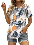Picture of Ladies Short Sleeve Tops Casual Tshirts Shirts for Women Pleated Crewneck Floral S