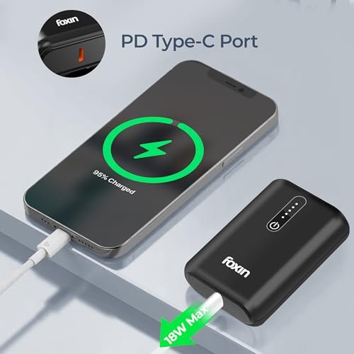 Image of Foxin Fist 10000mAh 10k Mini Power Bank | 22.5W Super Fast Charging | Built-in Type-C Cable & PD Output | Small Pocket Size | for iPhones /Android Mobiles & Other Devices | Made in India - Black
