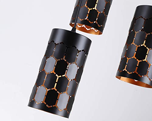 3-Light Modern Kitchen Island Lighting With Cylindrical Metal Cage, Industrial Round Base Multi Pendant Light Fixture For Dining Room Living Room Farmhouse, Gold Inner And Black #TOP4