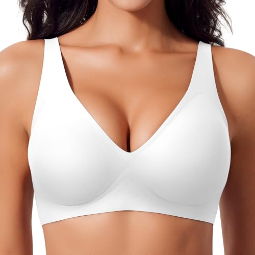 Damen BH Tiefem V-Ausschnitt Nahtloser BH Ohne Bügel Push Up BHs Bralette Soft Bequem BHs Bügellos Bustier (Weiß, XL)