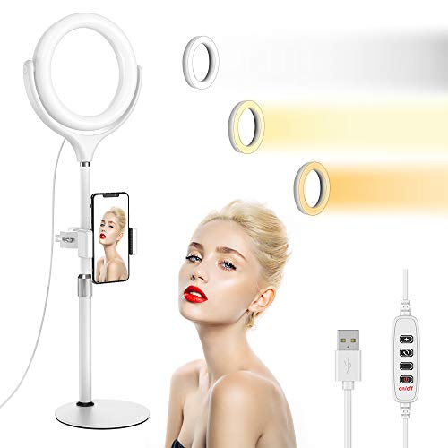 (Upgraded) 8'' LED Ring Light, 3 Colors Lighting Modes, 10 Adjustable Brightness Fill Light, Rechargeable Dimmable LED Selfie Ringlight with Stand for Live Stream/TikTok/YouTube Video/Makeup