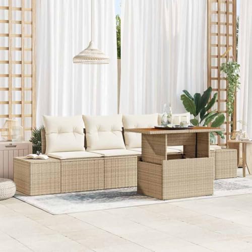 SooIarix Juego de sofás de jardín con espacio de almacenamiento, 5 piezas, ratán de polirratán, resistente a la intemperie, sofá para exteriores con salón modular, incluye mesa y cojines, ideal para