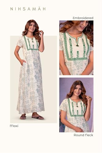 Image of NIHSAMAH Cotton Nighty for Women - Printed Stylish Night Gown, Comfortable Sleepwear Long Nightwear, Maxi