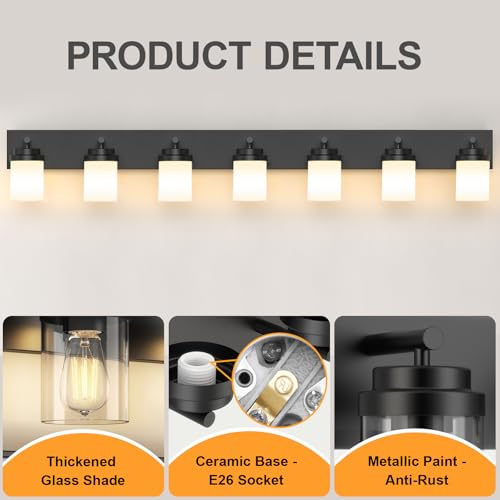 Image of IZORRO Bathroom Vanity Light Fixture, 7-Light 52 inch Matte Black Bathroom Light Fixtures Over Mirror, with White Glass Shade, Modern Farmhouse Vanity Lights, Rustic Restroom Lighting Fixtures