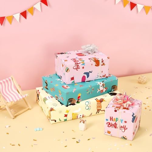 WERNNSAI Cat Wrapping Paper Rolls - 3 Rolls 43 x 305cm Birthday Wrapping Paper Rolls Cat Birthday Gift Wrap Paper Girls Wrapping Paper Rolls Kitten Wrapping Paper with Cutting Lines Bday Gift Decor - 3