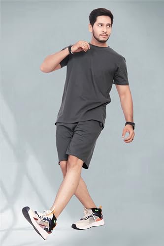 Image of HOODMASTER Men's Cotton Night Suit Set of Top & Knee Length Shorts with Round Neck Half Sleeves Solid Pattern Regular Fit and Standard Length | Mens Cotton Night Suit | T-Shirt and Shorts Sets