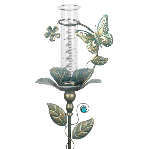 Fastruggle Rain Gauge Outdoor - 7" Glass Rain Gauges Tube - Butterfly Rain Gauge Outdoor Decorative for Yard Garden, Freeze Proof Height Adjustable, Metal Water Gauge for Rain