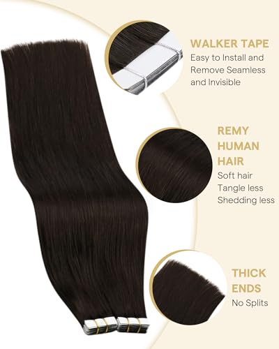 Image of Ve Sunny Hair Tape in Extensions Darkest Brown | Tape Hair,20Inch 25g 10Pcs,Real Human Hair,Natural and Realistic Look,for Daily Use
